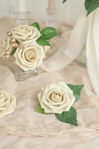 Floroom Artificial Flowers 25pcs Real Looking Beige Foam Fake Roses with Stems for DIY Wedding Bouquets Bridal Shower Centerpieces Floral Arrangements Party Tables Home Decorations - color: Beige, size: 25Pcs
