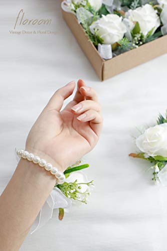 Floroom Ivory Rose Wrist Corsage Wristlet Band Bracelet for Women Bride Bridesmaid White Wedding Prom Set of 2 - color: 2 Wrist Corsages