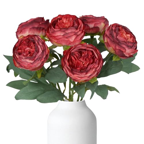 Peonies Artificial Flowers,6PCS Vintage Fake Red Flowers 19.7" Silk Flowers with Stems for Wedding Bridal Bouquet Home Party Office Decoration(Red) - color: Red