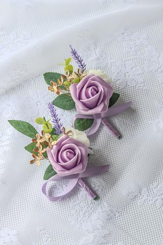 6PCS Purple Lavender Boutonniere for Men, Lilac Boutonniere Pins for Men Groomsmen Guest, Artificial Flowers for Wedding Decor Prom Homecoming - color: Lavender Purple