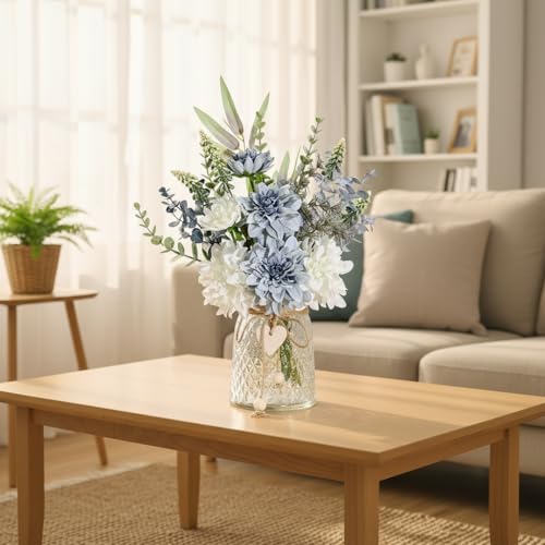 LADADA Blue and White Artificial Dahlias in A Glass Vase | Mixed Silk Fake Eucalyptus Floral Bouquet, Blue White Artificial Dahlia Arrangement Kit,Farmhouse Dining Table Table Decor - color: Blue+gray