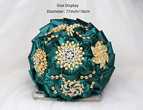Emerald Green Bridal Wedding Bouquet Luxury Gold Rhinestone Brooch Bouquet for Bride Bridesmaid Quinceanera Satin Rose Artificial Flower Bouquet Wedding Emerald Green 7.1in - color: Dark Green, size: Diameter: 7.1 inches