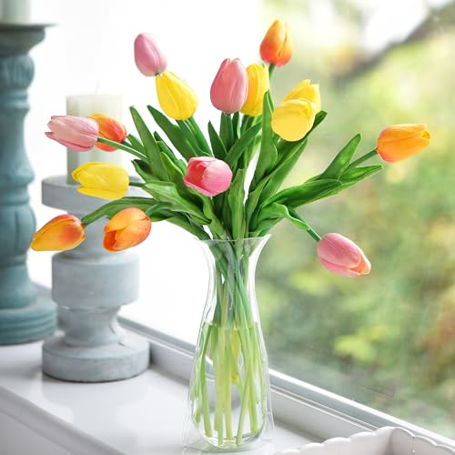 FiveSeasonStuff Real Touch Tulips – 15 Stems Artificial Stems Flowers with Collapsible PVC Vase (Orange, Yellow, Pink) for Home Décor, Gifts, Weddings & Spring Floral Arrangements - color: Festive Bloom With Vase