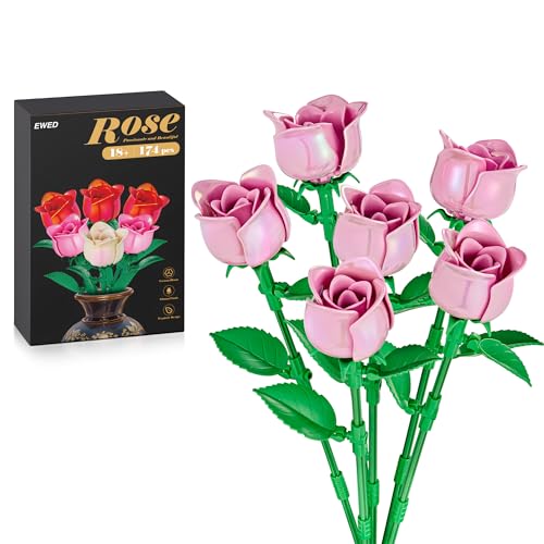 Rose Flower Bouquet Building Set: Artificial Flowers Botanical Collection Blocks Kit for Women Girls Wife Adults Home Decor Thanksgiving Christmas Mother's Day Valentine's Gifts 6-Pack - color: Pink