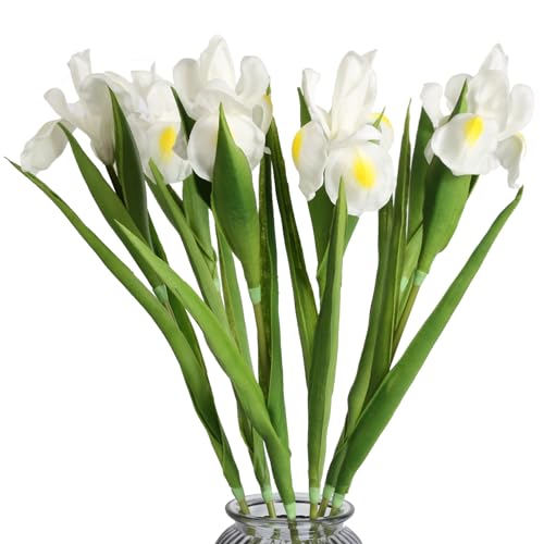 Iris Flowers Artificial 6 PCS Real Touch Flowers 23.22 in Long Stems White Iris Artificial for Wedding Bridal Home Kitchen Party Décor(White) - color: White