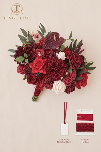 TINGE TIME 11 Inch Wedding Bouquets for Bride, Burgundy Artificial Flowers Bouquet, Brides & Bridesmaids Bouquet Tossing Bouquet for Wedding Anniversary Ceremony Bridal Shower Decorations - color: Burgundy Red