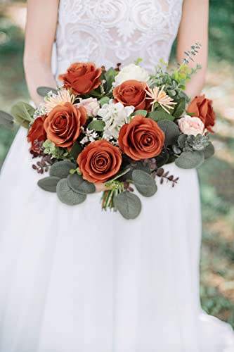 JUSMAI 30pcs Roses Artificial Flowers Burnt Orange Fake Roses Flowers with Long Stems Silk Flowers for Wedding Bouquet Centerpices Decorations Party Bridal Baby Shower Home Decor - color: Burnt Orange, size: 30PCS