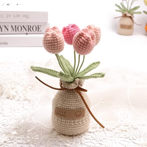 Crochet Woven Tulips with Wool,Simulation Plant Crochet Hand-Woven Flowers for Home Room Table Office Ornaments and Birthday Gifts for Family Friends Anniversary（5 Flowers-Pink ） - color: Pink B, size: B