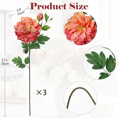 Orange Peonies Artificial Flowers 3Pcs Fall Flowers for Fall Decoration 27.5" Real Touch Silk Faux Peony Flower with Long Stems for Home Autumn Floral Arrangement Vase Table Centerpieces Bouquet Decor - color: Orange-red Peony
