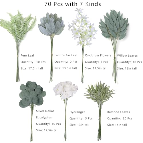FOTEEWL 70 Pcs Artificial Greenery Stems Box Set,with 7 Kinds of Faux Plants and Fake Flowers for DIY Bridal Bouquets Wedding Floral Arrangement Table Centerpieces Decoration (Sage Green & Beige) - color: Sage Green & Beige