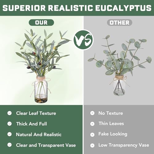 15.74” Artificial Olive Branches in Glass Vase with Faux Water & Natural Stones, Lifelike Fake Greenery for Modern Farmhouse Home Decor, Bathroom decor, Office Desk Centerpiece, Housewarming Gift - color: Sl-0977