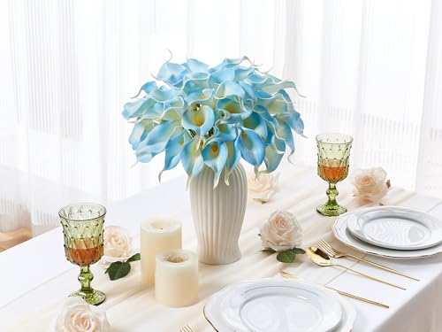 24 Pcs Artificial Calla Lily Flowers Light Blue Fake Silk Flowers Real Touch for Wedding Bouquet Office Home Kitchen Decor (White Blue) - color: White-blue