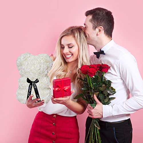 DuHouse Rose Bear Rose Teddy Bear Flower Gift Black Box for Valentines Gifts Anniversary Christmas,Birthdays Bridal Showers -Fully Handmade 10 inch Flower Bear Clear Gift Box(White) - color: White