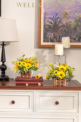 WELL KNOWN Artificial Sunflower Plants in Wooden Baskets, Faux Sunflower and Mini Wild Flowers Arrangement in Planter for Home Hotel Office Table Centerpieces & Gift (Set of 2) - color: Sunflowers