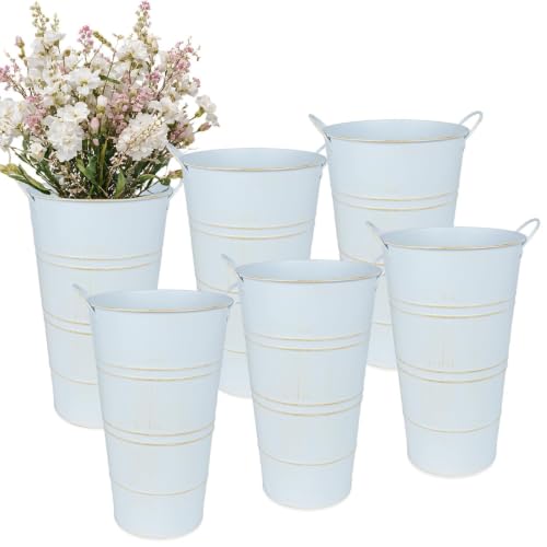12 Inch Galvanized Metal Vases for Flowers - 6 Pcs Farmhouse Decorative Tall Flower Bucket with Handles, Rustic French Tin Planter Buckets for Wedding Decor (White) - color: White