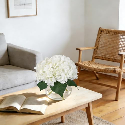 Artificial Hydrangea Flowers with Glass Vase & Fake Water - Faux Hydrangea for Home Table, Wedding Party, Office Decor | Realistic Fake Hydrangeas, Silk Flowers for Vase Arrangement(Hydrangea, white) - color: Hydrangea, White