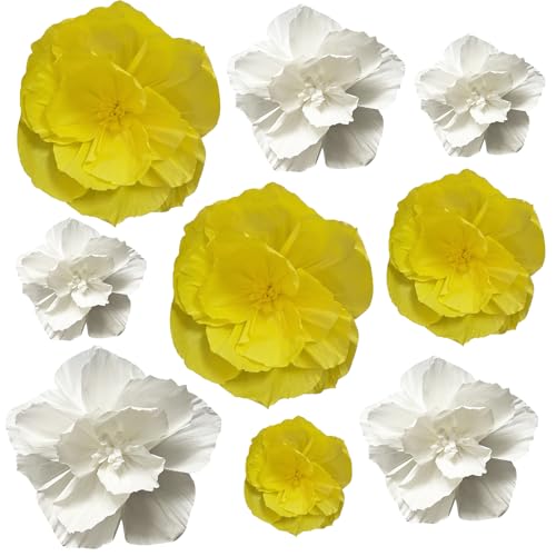 BRT Bearingshui Crepe Paper Flowers Decoration for Wall Total 9 Pcs, Artificial Flowers Backdrop for Wedding Decor Baby Bridal Shower Birthday Party, Yellow White 3D Wall Flowers Decor - color: Yellow White