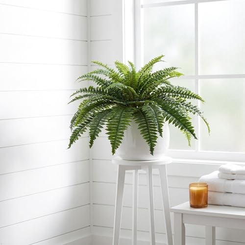Larksilk Realistic 28" Artificial Hanging Boston Fern, UV Resistant Faux Silk Plant, Lifelike Fake Outdoor Greenery for Porch, Patio, Front Door & Indoor Decor, Large Hanging Fern