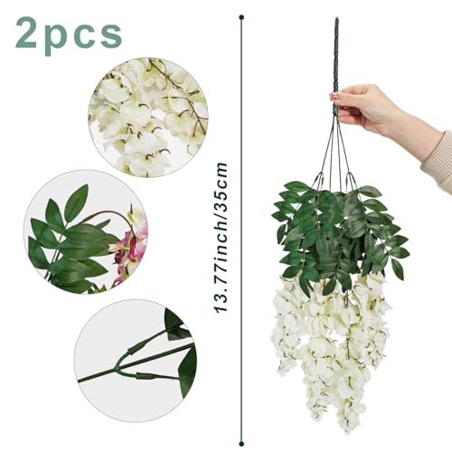 2Pcs Artificial Flowers Faux Silk Flowers Indoor Plants Hanging Wisteria Decoration for Home Indoor Kitchen Table Vase Wedding Party Table Centerpieces Outdoor Decor (White)