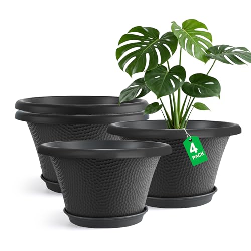 Quarut 12 Inch Pots for Plants,4 Pack Large Flower Pots with Drainage Hole & Saucer,Modern Planters for Indoor Outdoor Plants,Decorative Resin Garden Pots Black - color: Diamond Pattern-black, size: 12 inch-4 Pack