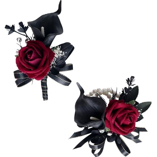 Black Burgundy Corsage and Boutonniere Set Artificial Calla Lily Rose Flower Wrist Corsage for Girl Mother Bride Bridesmaid Boutonniere for Best Men Groom Groomsmen for Wedding Party Homecoming Prom - color: Black Burgundy Corsage and Boutonniere
