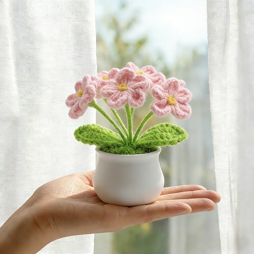 LAIDANLA Crochet Flowers Forget Me Not Light Pink Handmade Knitted Flower Potted for Desk, Anniversary Birthday Graduation Appreciation Small Gifts for Women Teacher Coworker Mom Friend - color: Light Pink