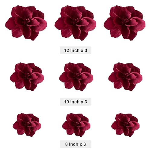 BRT Bearingshui Crepe Paper Flowers Decoration for Wall Total 9 Pcs, Artificial Flowers for Wedding Decor,Flower Backdrop Decor, Baby Bridal Shower Birthday Party, Burgundy 3D Wall Flowers Decor - color: Burgundy