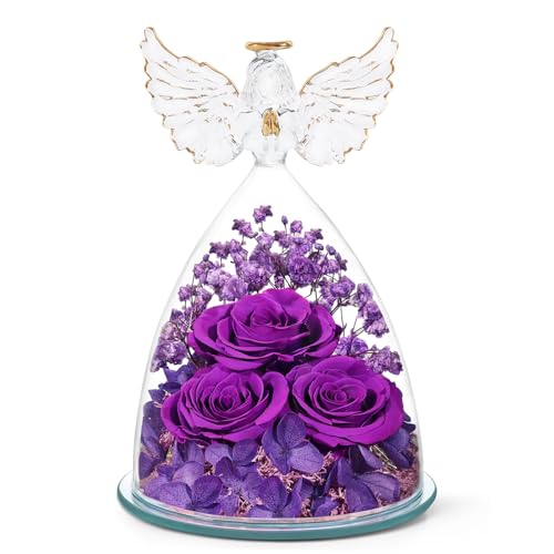 Mothers Day Flowers Gifts for Mom Flowers for Delivery Preserved Flowers Forever Real Fresh Roses in Glass Angel Figurines Birthday Gifts for Women Anniversary Present for Grandma Wife from Daughter - color: Classic Purple (Rose, Baby's Breath, Hydrangea)