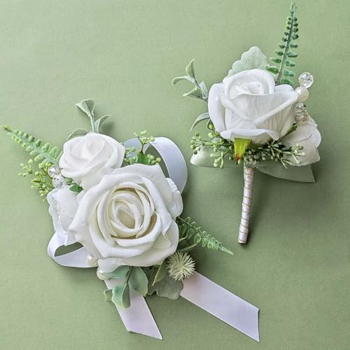 Corsage and Boutonniere Set with White Roses for Bride, Groom, Bridesmaids Groomsmen Weddings, Proms, Homecomings. Perfect Party Suit Decor Wedding Flowers Accessories (White) - color: White