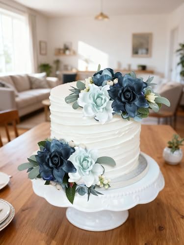 IPOPU 25PCS Artificial Gardenia Flowers 3.15’’ Dusty Blue Shades Fake Flower Heads Foam Roses with Stems for DIY Wedding Bouquets Party Home Centerpieces Decor(Dusty Blue Shades) - color: Dusty Blue Shades