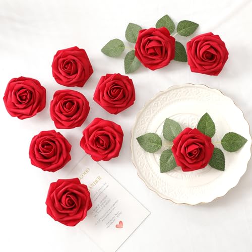 DerBlue 60pcs Artificial Roses Flowers with stem and 10pcs Green Leaves Real Looking Fake Roses Artificial Foam Roses Decoration DIY for Wedding,Arrangements Party Home Decorations - color: Dark Red