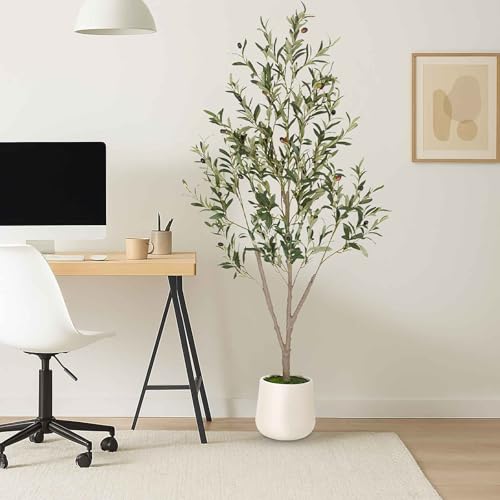 Artificial Olive Tree 5FT Tall Faux Olive Tree Artificial Indoor with Natural Wood Trunk and Lifelike Fruits Realistic White Planter Potted for Home Office Living Room Decor