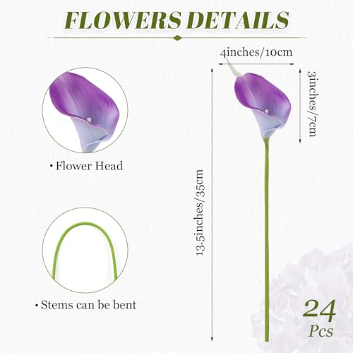 24 Pcs Purple Artificial Calla Lily Flowers Fake Purple Silk Flowers Real Touch for Wedding Bouquet Office Home Kitchen Decor - color: Purple