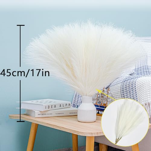 10 Stems White Pampas Grass Fluffy - 17.7" Faux Pampas Grass Decor Small Fluffy Pompas Floral Arrangement and Vase Filler for Boho Home Wedding Mothers Day Decoration - color: White