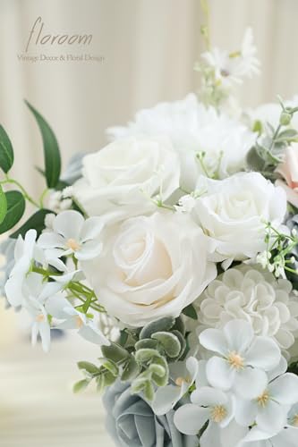 Floroom Powder Blue Ivory Artificial Flowers Fake Roses Dahlias and Greenery Combo Box Set for DIY Wedding Bouquets Bridal Shower Centerpieces Floral Arrangements Party Tables Home Decorations - color: Powder Blue