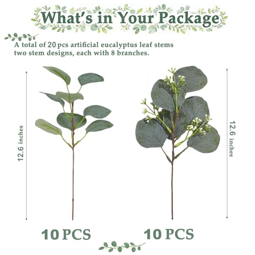 20PCS Artificial Eucalyptus Stems, Fake Eucalyptus Plant, Faux Greenery Centerpieces for Tables,Vase, DIY Bouquets and Weeding Home Decor(NO Vase - size: 20PCS Medium