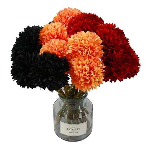 Tinsow Artificial Flowers Faux Ball Chrysanthemum Bouquet Flowers Bridal Wedding Bouquet for Home Garden Party Wedding Decoration (12, Black, Red, Orange) - color: Black, Red, Orange