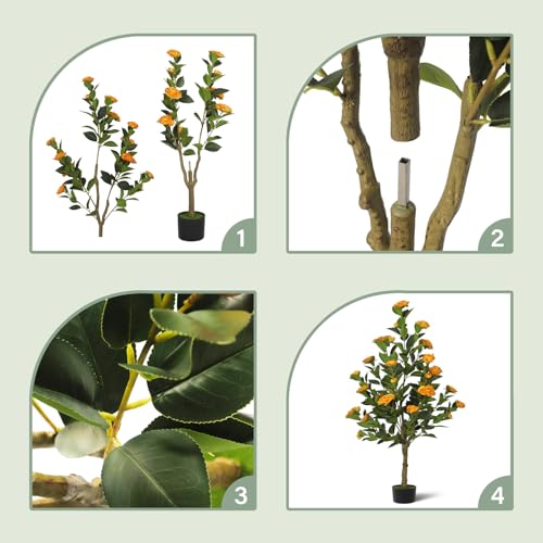 2-Pack 4FT Artificial Camellia Tree,Realistic Fake Potted Plants with Flowers&Planters,Indoor/Outdoor Faux Flowering Trees for Home,Office,Porch,Wedding,and Housewarming Gift Decor,Orange - color: Orange