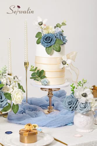 Serwalin Artificial Flowers, Dusty Blue Silk Fake Flowers Cake Flower for Wedding Bouquet Table Centerpieces Arrangements Party Baby Shower Home Decor Floral Arrangement - color: Blooming Dusty Blue White, size: 1 Box