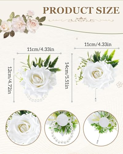 eZAKKA White Rose Corsage and Boutonniere Set for Men Wedding, Upgraded High-Fidelity Silk Flower Wristlet with Adjustable Pearl Bracelet for Prom Homecoming Party, Realistic & Non-Deforming (2Pcs) - color: White
