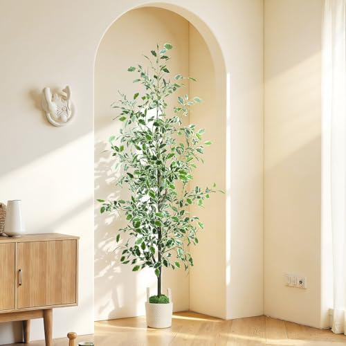 Caxchiling Fake Ficus Tree 6FT,Artificial Floor Plants for Indoor Outdoor, Lifelike Potted Tree with Moss Topper and Cotton Basket, Home Office Living Room Bedroom Doorway Decor (White-Edged Leaves) - color: White Ficus