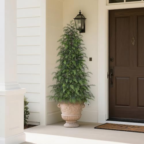 5FT Soft Textured Cedar Topiary Trees for Front Porch Decor, Artificial Shrubs Faux Plants Potted UV Resistant Fake Greenery for Outdoor Indoor Door Garden Farmhouse Home Decoration (Set of 2) - size: 5FT