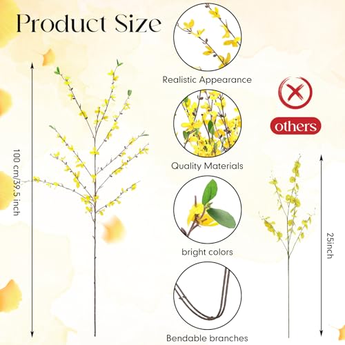 XunYee 12 PCS Fake Forsythia Long Stems 39.5" Artificial Forsythia Branches Yellow Forsythia Branches Artificial Orchids Flower Branches Faux Forsythia Stems for Home Wedding Indoor Outdoor Decoration - size: 39.39inch