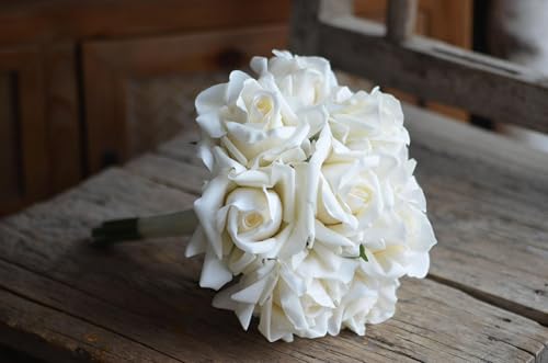 Bridesmaid Bouquets Set of 6, Morandi White Cream White Real Touch Faux Roses Flowers, Ivory Roses Artificial Flowers, Bridal Bouquets for Wedding Prom - 8 Inch - size: 8 Inch - Set of 6