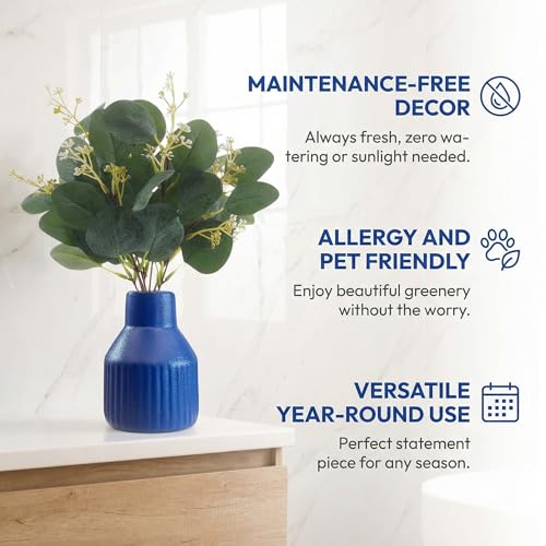 Artificial Eucalyptus Greenery Stems in Ceramic Vase 10Pcs Fake Plants Eucalyptus Leaves for Centerpiece Table Decorations Home Room Decor Office Desk Decor Greenery Decor Indoor (Blue) - color: Blue