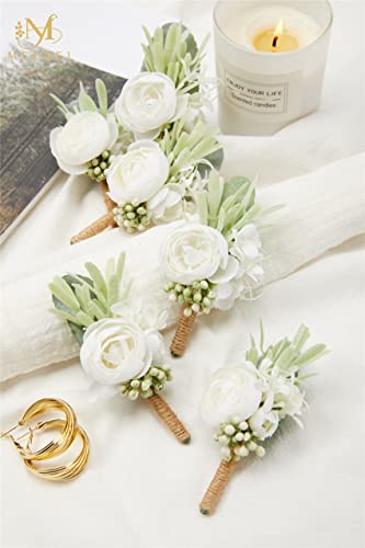 6Pcs Faux Silk Boutonnieres for Men, Ivory and Greenery for Wedding | Artificial Boutonniere for Wedding Anniversary Homecoming Prom Formal Party Engagement Graduation for Groom and Groomsmen - color: White3# Boutonniere(6 Piece)