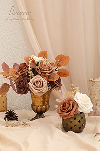 Floroom Artificial Flowers 25pcs Real Looking Earth Tones Ombre Colors Foam Fake Roses with Stems for DIY Wedding Bouquets Bridal Shower Floral Centerpieces Party Tables Home Decorations - color: Shades of Earth Tones