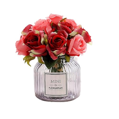 Jasion Artificial Roses Fake Flowers 12 Heads Arrangement Silk Bouquet for Home Office Parties Bridal and Wedding Decoration (Red and Pink) - color: Red With Pink