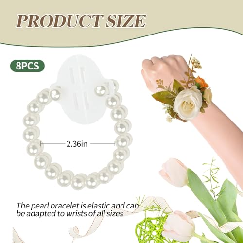 Corsage Wristlet,Elastic Double-Strand Pearl Corsage Wristlet Band for Women,Wrist Corsage Bracelets for Wedding Party Decorations,Graduation Party,DIY Handmade Flower Supplies - size: 8PCS