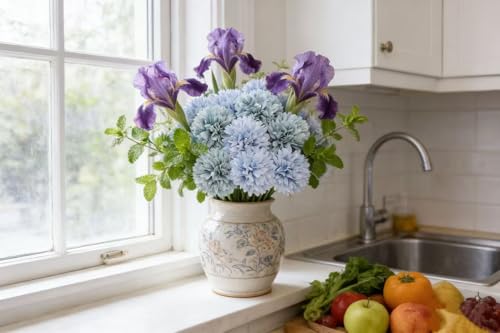 Kimura's Cabin 20Pcs Chrysanthemum Artificial Flowers Silk Mums Flower with Stem Balls Flowers for Wedding Party Bouquets Arrangements Home Coffee Table DIY Decoration Vase Fillers(Blue) - color: Sky Blue, Dark Blue